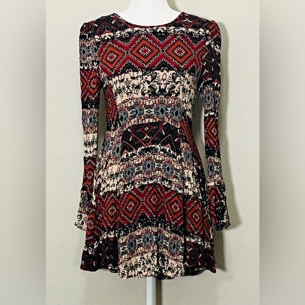 Altar'd State Earthy Boho Southwestern Patchwork Flared Sleeve Mini Dress Size S
